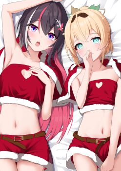 2girls aqua_eyes arm_up azki_(hololive) bed_sheet belt black_hair black_hairband blonde_hair brown_belt capelet cleavage_cutout clothing_cutout colored_inner_hair commentary_request crossed_bangs double-parted_bangs flat_chest fur-trimmed_capelet fur-trimmed_skirt fur-trimmed_tube_top fur_trim hair_between_eyes hair_intakes hair_ornament hairband hairclip hand_up heart_cutout highres hololive kazama_iroha long_hair looking_at_viewer lying miniskirt mole mole_under_eye multicolored_hair multiple_girls navel on_back pink_hair pink_streaks ponytail purple_eyes red_capelet red_skirt red_tube_top shoreen0504 skirt stomach strapless tube_top very_long_hair virtual_youtuber white_streaks