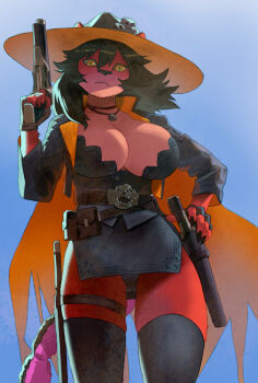 1girl :&lt; belt_pouch black_gloves black_hair black_hat black_jacket black_nails breasts cape colored_sclera cowboy_shot cropped_jacket finger_on_trigger fingerless_gloves frown furry furry_female gloves green_sclera gun hat highres holding holding_gun holding_weapon holster jacket jewelry large_breasts microskirt narisokonai necklace orange_cape original pouch skirt slit_pupils solo tail thigh_holster two-sided_fabric two-sided_jacket weapon yellow_eyes