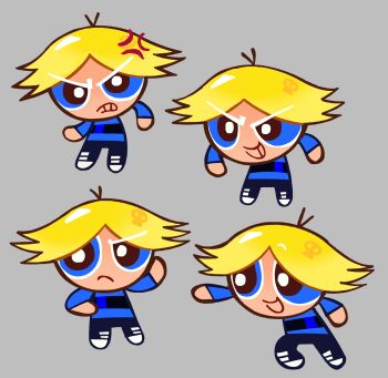 Rule 34 | 1boy, angry, antenna hair, black pants, black shoes, blonde hair, blue eyes, blue shirt, boomer (ppg), confused, cookie run, cookie run: kingdom, cookie run: ovenbreak, excited, grey background, highres, long sleeves, male focus, multiple views, open mouth, pants, parted bangs, powerpuff girls, rowdyruff boys, shirt, shoes, smile, sneakers, solo, thatlightbluefox, v-shaped eyebrows, white shoes