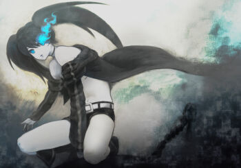 1girl belir belt bikini black_coat black_hair black_rock_shooter black_rock_shooter_(character) black_shorts boots coat commentary_request flaming_eye glowing glowing_eye long_hair pale_skin scar shorts solo swimsuit twintails uneven_twintails