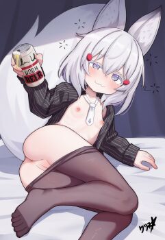 1girl absurdres animal_ears boppin breasts can cleft_of_venus fox_ears fox_girl fox_tail highres loli necktie nipples pantyhose phase_connect pussy small_breasts solo tail tenma_maemi virtual_youtuber white_hair