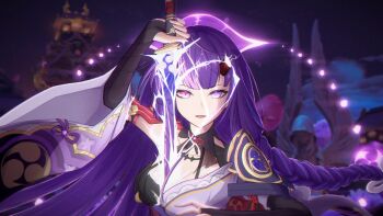 13901365 1girl alternate_costume alternate_hairstyle alternate_universe architecture arm_up armor asymmetrical_sleeves blurry blurry_background braid breasts bridal_gauntlets character_transformation cleavage clothing_cutout drawing_sword east_asian_architecture electricity electro_symbol_(genshin_impact) game_screenshot_background genshin_impact glowing glowing_eyes glowing_sword glowing_weapon hair_down hair_ribbon heterochromia holding holding_sword holding_weapon honkai_(series) honkai_impact_3rd horns human_scabbard in-franchise_crossover inazuma_city japanese_clothes kimono large_breasts long_braid looking_at_viewer mitsudomoe_(shape) multicolored_hair musou_isshin_(genshin_impact) neck_ribbon night night_sky official_alternate_costume open_mouth outdoors purple_hair purple_kimono purple_ribbon raiden_mei raiden_mei_(herrscher_of_thunder) raiden_shogun red_horns ribbon sawashiro_miyuki screencap screenshot_background shade shadow shoulder_armor shoulder_cutout single_braid sky solo statue statue_of_the_seven streaked_hair sword sword_between_breasts tomoe_(symbol) transformation transforming_clothes uneven_sleeves upper_body voice_actor_connection weapon wide_sleeves