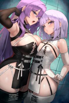 1boy 1girl absurdres age_difference armpits black_dress black_gloves black_thighhighs blush breast_press breasts bulge commentary commission cross cross_earrings crossdressing crossdressing_(mtf) dress earrings elbow_gloves eyelashes fingerless_gloves garter_straps gloves hakusyokuto highres jewelry large_breasts lifting_own_clothes long_hair looking_at_viewer male_with_breasts medium_hair onee-loli open_mouth original purple_eyes purple_hair sidelocks skeb_commission small_breasts small_sweatdrop sweat thighhighs trap very_long_hair white_dress white_gloves white_thighhighs