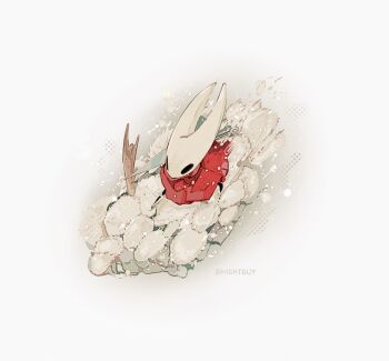 1girl arthropod_girl artist_name chinese_commentary cloak commentary_request film_grain from_above full_body halftone halftone_background hightguy hollow_eyes hollow_knight hollow_knight:_silksong hornet_(hollow_knight) horns needle_(hollow_knight) red_cloak simple_background sliding solo standing weapon white_background