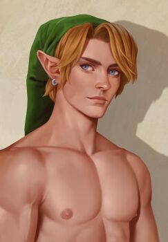 1boy blonde_hair blue_eyes closed_eyes collarbone earrings fox_bravo green_hat hat jewelry link male_focus nintendo pectorals phrygian_cap pointy_ears short_hair solo swept_bangs the_legend_of_zelda toned toned_male topless_male upper_body veins veiny_arms