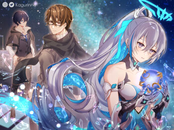 Rule 34 | 1girl, 2boys, artist name, bare shoulders, black-framed eyewear, black scarf, blue eyes, blue hair, blue halo, blue necktie, blue ribbon, broken glass, bronya zaychik, bronya zaychik (herrscher of truth), brown eyes, brown hair, closed mouth, colored inner hair, commentary, drill hair, drill ponytail, glass, glass shards, glasses, grey eyes, grey hair, hair between eyes, hair ribbon, halo, hand on own hip, high ponytail, highres, honkai (series), honkai impact 3rd, instagram logo, kagurinne, long hair, looking back, multicolored hair, multiple boys, necktie, orb, parted lips, patterned hair, pink pupils, ponytail, rectangular eyewear, ribbed sweater, ribbon, scarf, shirt, single drill, smile, space, streaked hair, sweater, turtleneck, turtleneck sweater, twitter logo, very long hair, welt joyce, welt yang, white shirt, white sweater
