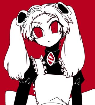 1girl 2018 apron bloody_marie_(skullgirls) bow brooch commentary constricted_pupils dress expressionless fire flat_chest flat_color frilled_apron frilled_dress frills gem hair_ornament head_tilt jewelry juliet_sleeves korean_commentary long_sleeves looking_at_viewer maid_headdress puffy_sleeves red_background red_eyes red_gemstone simple_background skull_hair_ornament skullgirls smile solo spot_color turtleneck turtleneck_dress twintails u_sihoo