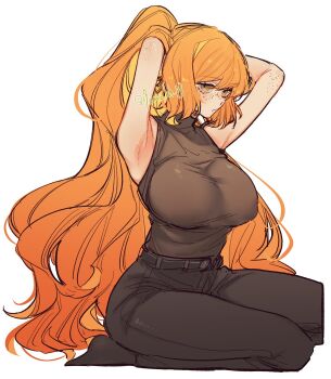 09wave_hb 1girl :/ alternate_breast_size_(larger) armpits arms_behind_head arms_up belt black_belt black_pants black_shirt black_socks body_freckles breasts brown_eyes closed_mouth freckles highres huge_breasts ishmael_(project_moon) limbus_company long_hair looking_at_viewer no_shoes orange_hair pants project_moon seiza shirt simple_background sitting sleeveless sleeveless_shirt socks solo turtleneck turtleneck_shirt twitter_username tying_hair very_long_hair white_background