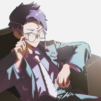 Rule 34 | 1boy, adjusting eyewear, black-framed eyewear, black hair, black jacket, black pants, chair, collared shirt, commentary request, corbeau (pokemon), eyewear strap, glasses, highres, jacket, long sleeves, looking at viewer, male focus, mega stone, necktie, nintendo, open clothes, open jacket, pants, parted hair, parted lips, pokemon, pokemon legends: z-a, purple hair, purple shirt, round eyewear, shirt, short hair, short sideburns, sitting, solo, undercut, white necktie, yellow eyes, yirga