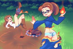 Rule 34 | 2girls, ass, back-print panties, belt, blue capelet, blue panties, blue robe, blue shorts, blush, boots, breasts, brown belt, brown eyes, brown footwear, brown hair, burnt clothes, bush, campfire, capelet, clothes writing, drantyno, fire, glasses, grass, green eyes, log, long hair, long sleeves, magic, medium breasts, multiple girls, off shoulder, open mouth, panties, ponytail, print panties, robe, shirt, shorts, standing, surprised, teeth, tree, underwear, white shirt, wide sleeves