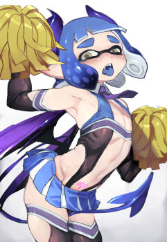1boy arched_back armlet armpits black_gloves black_mask black_slingshot_swimsuit blue_hair blue_skirt blue_slingshot_swimsuit blue_tongue brown_eyes cheerleader colored_tongue commentary_request cosplay cowboy_shot crossdressing crossdressing_(mtf) demon_horns demon_tail demon_wings detached_collar eye_mask gloves highres hiiragi_kagami hiiragi_kagami_(cosplay) hiiragi_kagami_(succubus_cheer) hiiragi_kagami_(succubus_cheer)_(cosplay) holding holding_pom_poms horns inkling_boy inkling_player_character jewelry long_sidelocks lucky_star male_focus mask miniskirt navel necktie nintendo open_mouth pom_pom_(cheerleading) pom_poms pubic_tattoo purple_necktie purple_wings short_hair short_necktie sidelocks simple_background skinny skirt slingshot_swimsuit solo splatoon_(series) squinting swimsuit tail tattoo tentacle_hair thick_eyebrows tongue tongue_out trap underbust unso_1 white_background wings