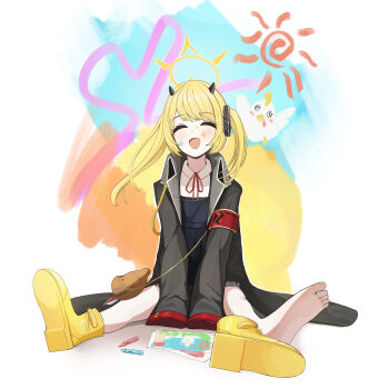 1girl :d ^_^ absurdres armband black_coat black_dress black_ribbon blonde_hair bloomers blue_archive boots closed_eyes coat commentary crayon demon_horns drawing_(object) dress facing_viewer garados_(limmjiiiminnn99) gehenna_academy_logo hair_ribbon halo highres horns ibuki_(blue_archive) lapels long_coat medium_hair notched_lapels one_side_up open_mouth oversized_clothes paint_on_body paper pinafore_dress red_armband ribbon shirt single_bare_leg sitting sleeveless sleeveless_dress sleeves_past_fingers sleeves_past_wrists smile solo spread_legs underwear white_bloomers white_shirt yellow_boots yellow_halo