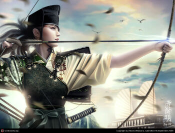 00s 1girl 2008 3d archery armor bad_cgsociety_id bad_id bird black_hair boat bow_(weapon) cloud eyeshadow facial_mark feathers female_focus fighting_stance fingerless_gloves floral_print gloves glowing hakama hakama_skirt hat japanese_armor japanese_clothes junk katana kimono kyuudou legend_of_the_five_rings lips lipstick long_hair makeup mario_wibisono marksman motion_blur muneate outdoors outstretched_arm partially_fingerless_gloves partly_fingerless_gloves ponytail profile realistic ribbon rope sash ship shoulder_armor single_glove skirt sky sode solo sun sunset sword tsuruchi_saya upper_body watercraft weapon yellow_eyes yugake