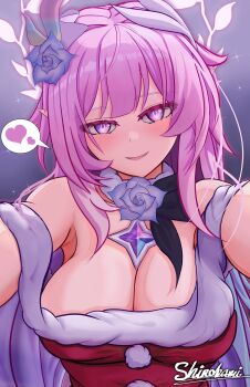 1girl absurdres artist_name bare_shoulders breasts cleavage cyrene_(demiurge)_(honkai:_star_rail) cyrene_(honkai:_star_rail) diamond-shaped_pupils diamond_(shape) dress flower hair_flower hair_ornament halo haoyitay heart highres honkai:_star_rail honkai_(series) large_breasts long_hair looking_at_viewer mixed-language_commentary pink_hair pointy_ears purple_eyes red_dress santa_costume santa_dress smile solo spoken_heart symbol-shaped_pupils variant_set very_long_hair