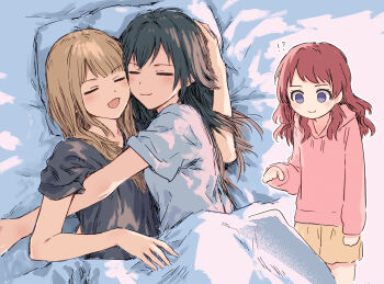 3girls :3 black_hair black_shirt blonde_hair blue_eyes blush closed_mouth commentary_request fujita_kotone gakuen_idolmaster hair_down hanami_saki highres hood hood_down hoodie hug idolmaster long_hair long_sleeves multiple_girls open_mouth pillow pink_hoodie red_hair shirt sleeping tsukimura_temari under_covers white_shirt yukitake_(xuserpost) yuri
