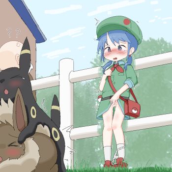 1boy 1girl ? bag blue_eyes blue_hair blue_sky blush newsboy_cap day_care_man_(pokemon) eevee female_masturbation gen_1_pokemon gen_2_pokemon green_hat green_shirt green_skirt hat hetero loli low_twintails masturbation nintendo nuelogical open_mouth panties panties_around_leg petite picnicker_(pokemon) pokemon pokemon_(creature) pokemon_day_care pokemon_dppt sex shirt shoulder_bag skirt sky standing tearing_up trembling twintails umbreon underwear voyeurism white_panties