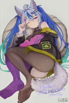 1girl ahoge animal_ear_fluff animal_ears bare_shoulders black_jacket black_leotard black_pantyhose blue_hair bone_hair_ornament bouhuman breasts choker clothes_writing commentary_request feet full_body gradient_hair green_hair hair_ornament highleg highleg_leotard highres jacket leotard long_hair medium_breasts multicolored_hair multicolored_jacket nerou_vivi no_shoes off_shoulder one_eye_closed pantyhose pink_jacket print_jacket purple_eyes purple_thighhighs single_leg_pantyhose soles tail thighhighs varise very_long_hair virtual_youtuber wolf_ears wolf_tail x_hair_ornament yellow_jacket