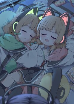 3girls :3 :d absurdres animal_ear_headphones animal_ears arm_up black_shorts black_skirt black_thighhighs blonde_hair blue_archive blue_hair blue_necktie blurry blurry_foreground blush bow buttons cat_ear_headphones cat_ears chestnut_mouth closed_eyes collared_shirt commentary_request controller cushion dot_nose english_text fake_animal_ears feet_out_of_frame frilled_skirt frills game_cartridge game_console game_controller green_bow green_jacket hair_bow halo hand_on_another's_chest headphones highres holding holding_controller holding_game_controller hood hood_down hooded_jacket indoors jacket kyouwashi leg_between_thighs long_sleeves low-tied_sidelocks lying mechanical_halo medium_hair midori_(blue_archive) miniskirt momoi_(blue_archive) multicolored_jacket multiple_girls necktie night on_back on_floor on_side open_mouth pink_bow pink_jacket pleated_skirt school_uniform shirt short_shorts shorts siblings sidelocks single_off_shoulder sisters skirt sleeping sleeping_on_person smile spread_legs suspender_skirt suspenders teeth thighhighs twins upper_teeth_only v-shaped_eyebrows white_jacket white_shirt wide_sleeves wii_remote yuuka_(blue_archive) zettai_ryouiki