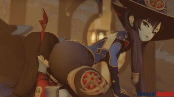 2girls 3d amber_(genshin_impact) animated animated_gif ass ass_shake black_hair breasts dancing face_in_ass genshin_impact hat kishi3d legs long_hair mona_(genshin_impact) multiple_girls pantyhose sitting sitting_on_face sitting_on_person tagme thick_thighs thighs twerking twintails yuri