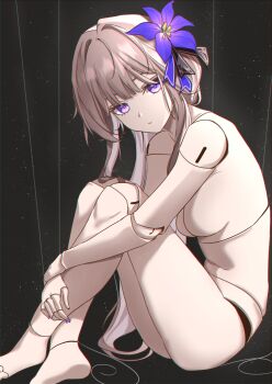 1girl absurdres breasts brown_hair closed_mouth doll doll_joints flower hat herta_(puppet)_(honkai:_star_rail) highres honkai:_star_rail honkai_(series) joints long_hair looking_at_viewer medium_breasts no_nipples nude puppet_strings purple_eyes solo vayneeeee