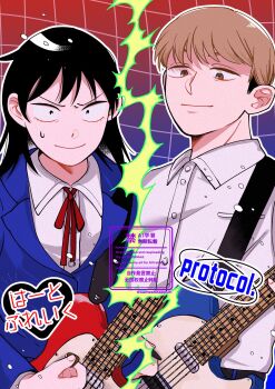 1boy 1girl black_eyes black_hair blazer blue_jacket breast_pocket brown_eyes brown_hair collared_shirt commentary dress_shirt electric_guitar fender_telecaster film_grain futsuu_no_keion-bu grid_background group_name guitar guitar_strap hatono_chihiro highres holding holding_plectrum instrument jacket lapels neck_ribbon notched_lapels outline plectrum pocket red_ribbon ribbon rivalry shirt short_hair small_sweatdrop smile split_screen sumeshitappuri takami_kouki upper_body v-shaped_eyebrows white_outline white_shirt