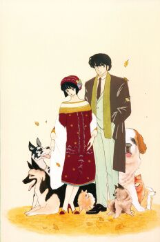1boy 1girl absurdres autumn autumn_leaves black_hair black_shoes black_tie chihuahua denim dog falling_leaves german_shepherd hat high_heels highres jeans kujou_asuna leaf long_coat long_sleeves maison_ikkoku mitaka_shun multiple_dogs necktie non-web_source official_art pants red_hat shoes short_hair too_many too_many_dogs