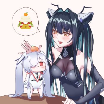 Rule 34 | 2girls, absurdres, aqua hair, armpit cutout, backless bodysuit, black bodysuit, black hair, blush, bodysuit, breasts, chibi, cinderella (nikke), cleavage, clothing cutout, colored inner hair, commentary request, folded hair, food, food on head, fruit, fruit on head, gloves, goddess of victory: nikke, hair intakes, hair over one eye, highres, kagami mochi, leg cutout, little mermaid (nikke), long hair, mandarin orange, medium breasts, multicolored hair, multiple girls, object on head, one eye covered, red eyes, runao noire, see-through bodysuit, see-through cleavage, see-through clothes, simple background, smile, twintails, very long hair, white background, white bodysuit, white hair, yellow eyes