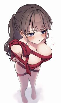 ... 1girl absurdres arms_behind_back blush breasts brown_hair collarbone commentary_request ear_blush embarrassed from_above fujishima_megumi half-closed_eyes highres hiyori_(20hiyori727) large_breasts link!_like!_love_live! lips long_hair love_live! naked_ribbon ponytail purple_eyes red_ribbon ribbon solo sweatdrop wavy_mouth white_background