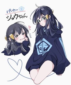 Rule 34 | 1girl, akari (pokemon), alternate costume, black hair, blue hoodie, blush, cocoa s3, commentary request, diamond clan outfit, grey eyes, heart, highres, hood, hood down, hoodie, long hair, long sleeves, looking at viewer, nintendo, open mouth, parted lips, pokemon, pokemon legends: arceus, simple background, smile