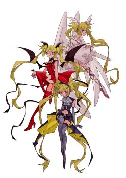 Rule 34 | 1girl, blonde hair, boots, commentary request, dark jewel, dress, elbow gloves, full body, gloves, high heel boots, high heels, highres, hoshina utau, long sleeves, looking at viewer, looking to the side, lunatic charm, purple eyes, red dress, seraphic charm, shugo chara!, simple background, sleeveless, twintails, white background, white wings, wings, yuzikoz mega