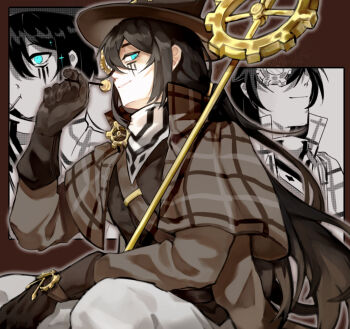 1boy bandana black_gloves black_hair black_vest blue_eyes brown_background brown_capelet brown_coat brown_hat candy capelet coat food gears gloves goawat hat highres holding holding_candy holding_food holding_lollipop hong_lu_(project_moon) limbus_company lollipop long_hair looking_at_viewer low_ponytail male_focus monocle multiple_views pants plaid_capelet plaid_clothes ponytail project_moon simple_background sitting solo steampunk top_hat upper_body vest white_bandana white_pants yurodiviye_(identity)_(project_moon)