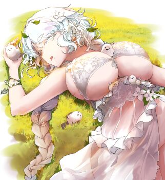 1girl absurdres bikini bird braid breasts closed_eyes colored_eyelashes commentary drooling english_commentary flower front-tie_bikini_top front-tie_top goddess_of_victory:_nikke grass half-dress highres huge_breasts lace lace-trimmed_bikini lace_trim leaf leaf_on_head long_hair low_twin_braids lying mole mole_under_mouth mouth_drool nagi412 official_alternate_costume official_alternate_hairstyle solo swimsuit thick_eyelashes tit_(bird) trina_(natural_white)_(nikke) trina_(nikke) twin_braids very_long_hair white_eyelashes white_hair