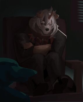 1boy 47fuse absurdres arknights black_pants black_shirt bonsai broken_vase chair closed_mouth colored_tips commentary crossed_arms english_commentary furry furry_male highres horns hung_(arknights) komainu_boy komainu_ears male_focus multicolored_hair on_chair pants scene_reference shirt single_horn sitting sleeping