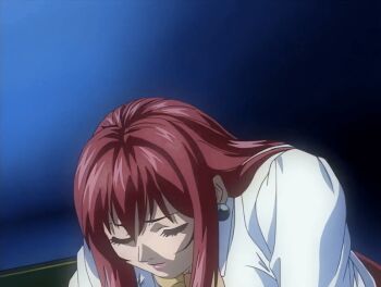 00s 1girl 2002 animated animated_gif bedroom bent_over bible_black bible_black_night_of_the_walpulgiss book bow breasts closed_eyes earrings implied_cunnilingus jewelry large_breasts lipstick long_hair makeup mature_female moaning red_hair shirt tagme takashiro_hiroko teacher white_shirt yellow_bow