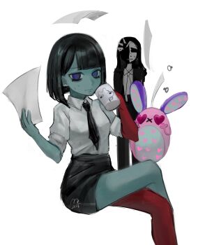 3girls alternate_costume black_hair black_skirt blue_eyes blunt_bangs blunt_ends bob_cut coffee_mug colored_skin commentary coral_glasses crossed_legs cup ena:_dream_bbq ena_(dream_bbq) ena_(series) ena_(species) formal_clothes grey_skin hangover_ena heart heart-shaped_eyes highres hourglass_dog looking_at_viewer mezo_(usagimarumei) miniskirt mug multicolored_skin multiple_girls paper rabbit red_skin shirt simple_background sitting skirt suit sweat symbol-only_commentary two-tone_skin usagimarumei