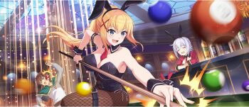 1boy 2girls animal_ear_hairband animal_ears armlet armpit_crease arms_on_table ball bar_(place) belt between_breasts billiard_ball billiards black_armlet black_belt black_gloves black_leotard black_wrist_cuffs blonde_hair blue_eyes braid breasts brown_hair casino chris_(konosuba) cleavage closed_eyes collarbone cross-laced_clothes cross-laced_leotard cue_stick darkness_(konosuba) detached_collar facial_scar fake_animal_ears fishnet_leotard fishnet_pantyhose fishnets furrowed_brow game_cg gloves grey_hair hair_ornament hairband half_gloves highres holding_cue_stick indoors jewelry kono_subarashii_sekai_ni_shukufuku_wo! konosuba!_fantastic_days large_breasts leotard long_hair multiple_girls necktie necktie_between_breasts official_alternate_costume official_art on_table open_mouth pantyhose playboy_bunny ponytail ponytail_with_braided_base pool_table rabbit_ear_hairband rabbit_ears red_necktie satou_kazuma scar scar_on_cheek scar_on_face short_hair short_necktie shrug_(clothing) sidelocks smile strapless strapless_leotard table thigh_belt thigh_strap v-shaped_eyebrows very_long_hair wrist_cuffs x_hair_ornament