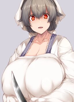 1girl absurdres breasts character_request cleavage covered_erect_nipples eyelashes female_focus grey_background grey_hair highres holding holding_knife huge_breasts knife looking_at_viewer open_mouth red_eyes short_hair smile solo threatening tsukasawa_takamatsu