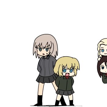 chibi clara_(girls_und_panzer) girls_und_panzer hiding highres itsumi_erika katyusha_(girls_und_panzer) kuromorimine_school_uniform nonna_(girls_und_panzer) ponita-poniponi pravda_school_uniform school_uniform smug