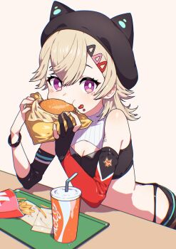 1girl animal_ear_headwear animal_ears bare_shoulders beret black_gloves black_hat black_tube_top blonde_hair bracelet bright_pupils burger cat_ears eating elbow_gloves fake_animal_ears food french_fries gloves hat highres jewelry komori_met looking_at_viewer niboshidrip partially_fingerless_gloves purple_eyes simple_background single_elbow_glove soda solo strapless tube_top virtual_youtuber vspo! white_pupils
