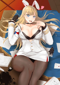 animal_ears azur_lane black_bra black_choker black_gloves blonde_hair blue_eyes blunt_bangs blush bra breasts choker commentary_request cross feathers gloves heart heart-shaped_pupils highres ink jewelry large_breasts latin_cross long_hair looking_at_viewer lying mail mikamino96 military_uniform north_carolina_(azur_lane) off_shoulder on_back open_mouth panties panties_under_pantyhose pantyhose paper rabbit_ears ring sidelocks single_unworn_glove symbol-shaped_pupils thighs underwear