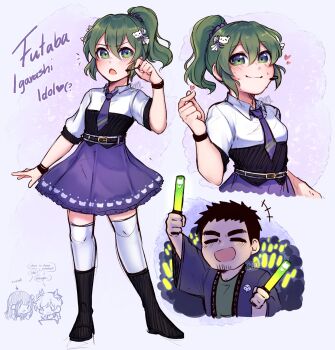 1boy 1girl artist_self-insert audience concert crowd fang frills glowstick green_eyes green_hair highres idol idol_clothes igarashi_futaba medium_hair microphone music open_mouth panqlao penlight_(glowstick) ponytail senpai_ga_uzai_kouhai_no_hanashi sidelocks skirt smile stage takeda_harumi wotagei