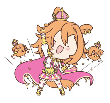 1girl absurdres animal_ears arm_up armor beak bird blush blush_stickers boots breasts cape chibi chibi_only clenched_hands closed_eyes commentary crown english_commentary fingerless_gloves flying gloves gold_boots gold_corset hair_between_eyes highres horse_ears horse_girl horse_tail jewelry long_sleeves mini_crown open_mouth orange_hair orange_tail pink_cape pink_crown shirt short_hair shoulder_armor simple_background single_fingerless_glove skirt smile t.m._opera_o_(o_sole_suo!)_(umamusume) t.m._opera_o_(umamusume) tail thighhighs two-tone_skirt ukichan22905846 umamusume white_background white_gloves white_shirt white_thighhighs wings