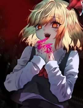 1girl ascot black_vest blonde_hair blood blood_on_hands hair_between_eyes hair_ribbon hand_on_own_face highres neon_(co2co8) red_ascot red_eyes red_ribbon ribbon rumia short_hair simple_background skirt skirt_set tongue tongue_out touhou upper_body vest