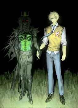 1boy 1other 1x1x1x1_(roblox) armor armored_boots black_armor black_boots black_cape black_gauntlets black_hair black_skin blonde_hair blue_necktie blue_pants boots cape colored_sclera colored_skin crown daddyxxxk dominoes forsaken_(roblox) full_body glasses green_crown green_skin hashtag-only_commentary highres john_doe_(roblox) long_hair looking_at_viewer necktie pants red_sclera ribs roblox see-through_body skeleton sweater_vest very_long_hair yellow_skin yellow_sweater_vest