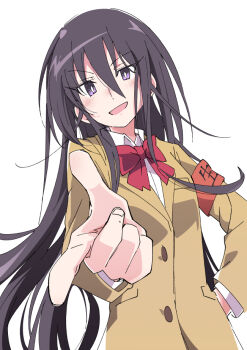 1girl amakusa_shino black_hair blush bow bowtie female_focus hair_between_eyes hand_on_own_hip ixy long_hair long_sleeves looking_at_viewer open_mouth purple_eyes red_bow red_bowtie school_uniform seitokai_yakuindomo simple_background smile solo white_background