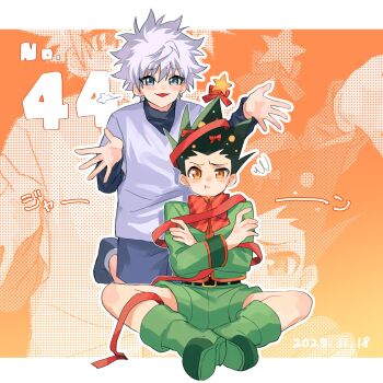 2boys :3 beer611gold belt black_belt blue_eyes boots bow bowtie brown_eyes crossed_arms dated gon_freecss green_boots green_hair green_jacket green_shorts highres hunter_x_hunter invisible_floor jacket killua_zoldyck kneeling layered_sleeves long_sleeves male_focus multiple_boys numbered outline red_bow red_bowtie red_ribbon ribbon ribbon_around_body short_hair short_over_long_sleeves short_sleeves shorts sitting spiked_hair white_hair white_outline