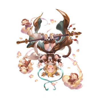 1girl andira_(event)_(granblue_fantasy) andira_(granblue_fantasy) barefoot blonde_hair blush_stickers cleavage_cutout clothing_cutout erune full_body fur_trim granblue_fantasy hair_ornament headband holding holding_staff minaba_hideo monkey monkey_tail official_art red_eyes scarf short_hair staff tail transparent_background upside-down