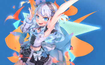 1girl absurdres arm_up armpits asymmetrical_sleeves blue_background blue_hair blush bow buttons colorful_background commentary crinoline crop_top cucumbear073 double-breasted english_commentary fang fins fish_tail gawr_gura hair_bow highres hololive hololive_english hololive_idol_uniform_(bright) idol_clothes layered_skirt long_hair looking_at_viewer midriff navel official_alternate_costume open_mouth shark_tail sharp_teeth sidelocks skin_fang skirt smile solo tail teeth two_side_up uneven_sleeves virtual_youtuber