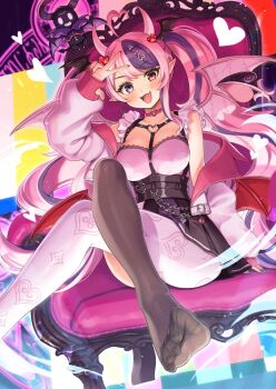 1girl bare_shoulders black_skirt black_thighhighs blush breasts chair chest_harness commentary crossed_legs demon_girl demon_horns demon_wings english_commentary fang harness heart highres horns indie_virtual_youtuber ironmouse ironmouse_(15th_costume) jacket large_breasts low_wings multicolored_hair multiple_wings open_clothes open_jacket open_mouth pantyhose pink_hair pink_jacket pink_pantyhose pink_shirt pink_wings pointy_ears purple_eyes purple_hair red_wings sahara1127 shirt single_leg_pantyhose sitting skirt solo streaked_hair thighhighs twintails two-tone_hair virtual_youtuber w wings