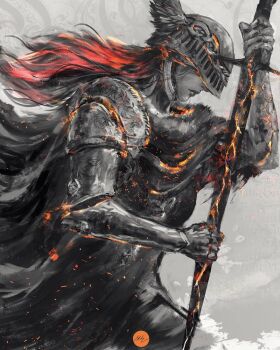 1girl armor black_hair dark_souls_(series) elden_ring fiery_hair fire fromsoftware helmet highres lips long_hair malenia_blade_of_miquella praying prosthesis shimhaq simple_background soulstober sparkle sword weapon